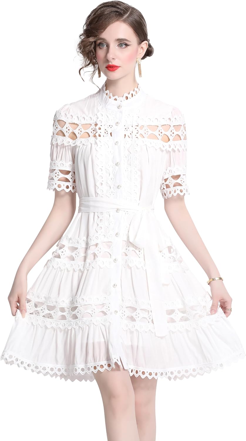 LAI MENG FIVE CATS Womens Summer Short Sleeve A Line Hollow Out Button Up Casual Party Dresses