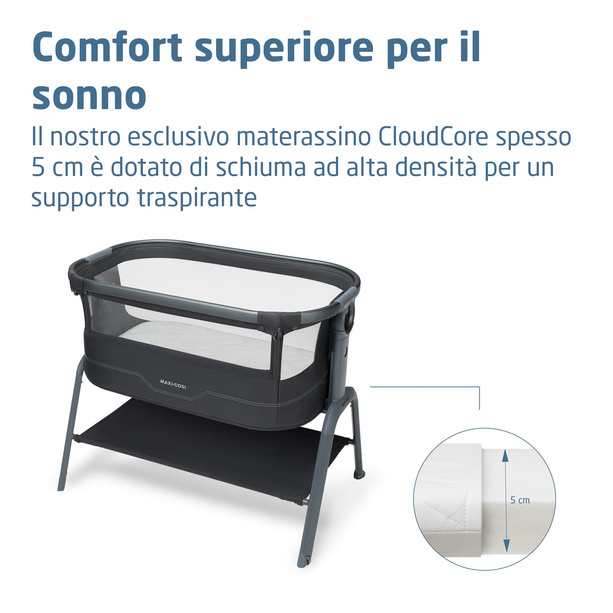 Maxi Cosi Iora² Culla Co-Sleeping, 0–6 Mesi (9 kg), Culla Neonato Fianco Letto Pieghevole e Leggera, Materasso 5 cm CloudCore, 5 Livelli, 2 Ruote Scorrevoli, Funzione Easy Slide, Elegance Graphite