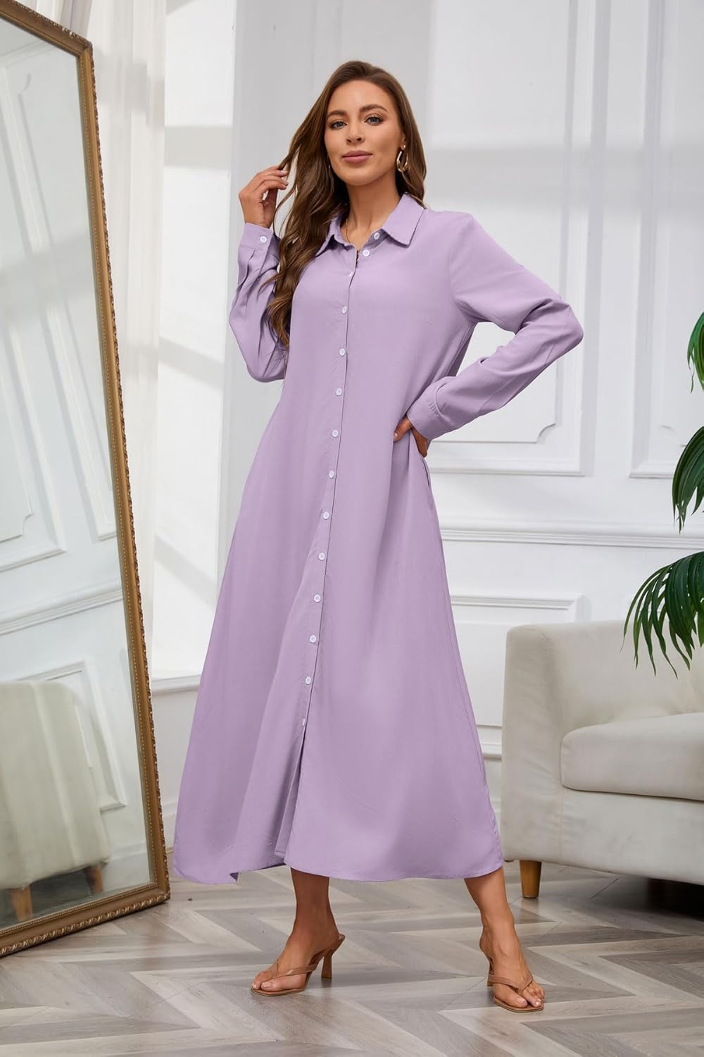 chouyatou Women's Casual Button Down Maxi Shirt Dress Long Sleeve Button Up Tunic Long Dress - Image 3