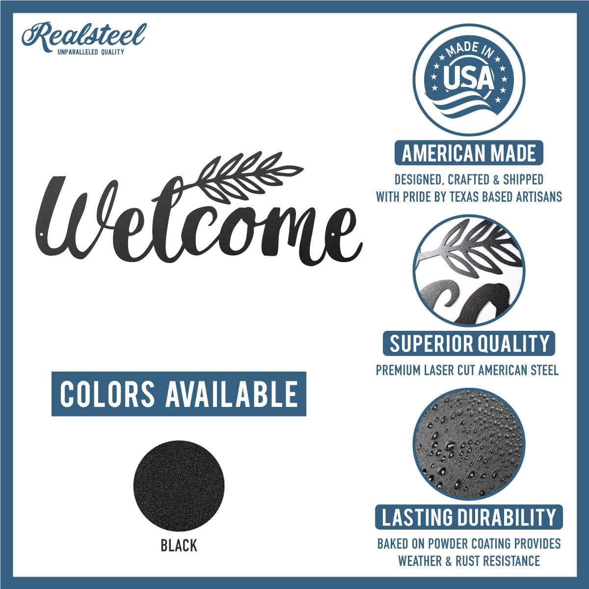 RealSteel Metal Welcome Sign for Front Door – Decorative Leaf Design Steel Wall Art – Outdoor & Indoor Porch, Patio & Entryway Decor – Summer Garden Housewarming Gift | Black | 6.5 X 17