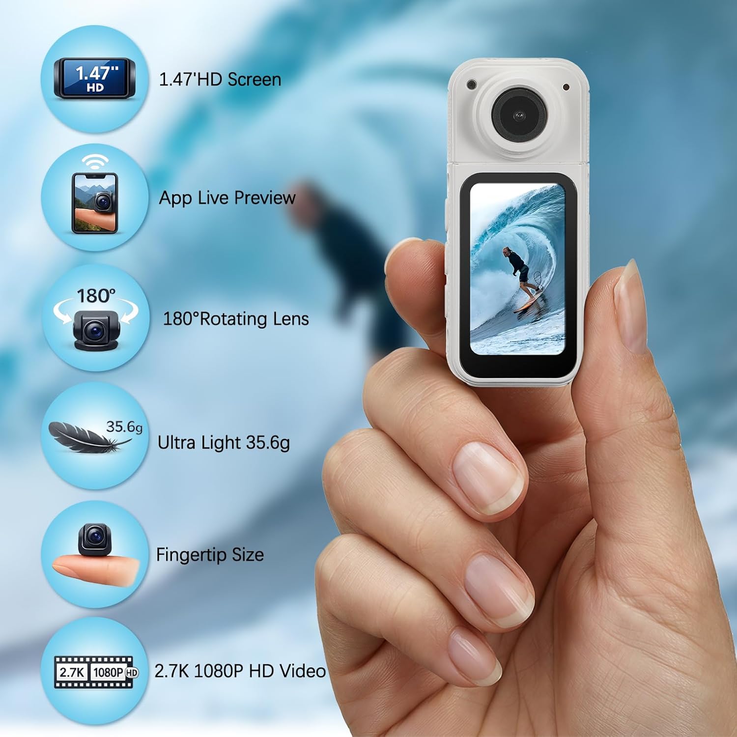 Mini Body Camera with 64GB Storage, 1080P Pocket Video Recorder with 180° Rotating Lens,Thumb Size Wearable Body Cam with Screen,Portable Camera for Outdoor, Cycling, Vlog, Travel (White)