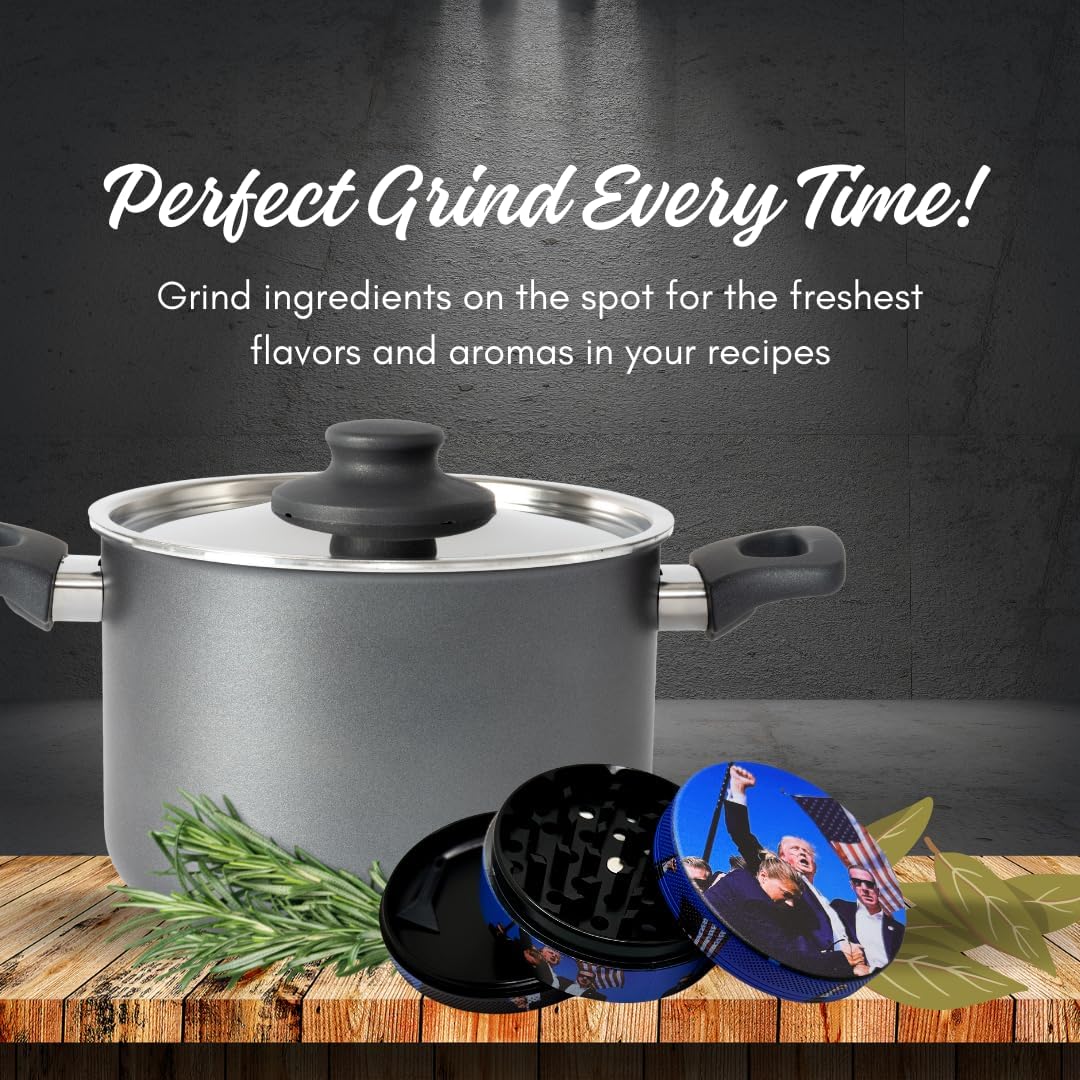 Herb Grinder. 3 inch herb grinder. Easily grind spices for home, kitchen and when traveling. Custom printed Trump grinder has three layers (No Screen Catcher)