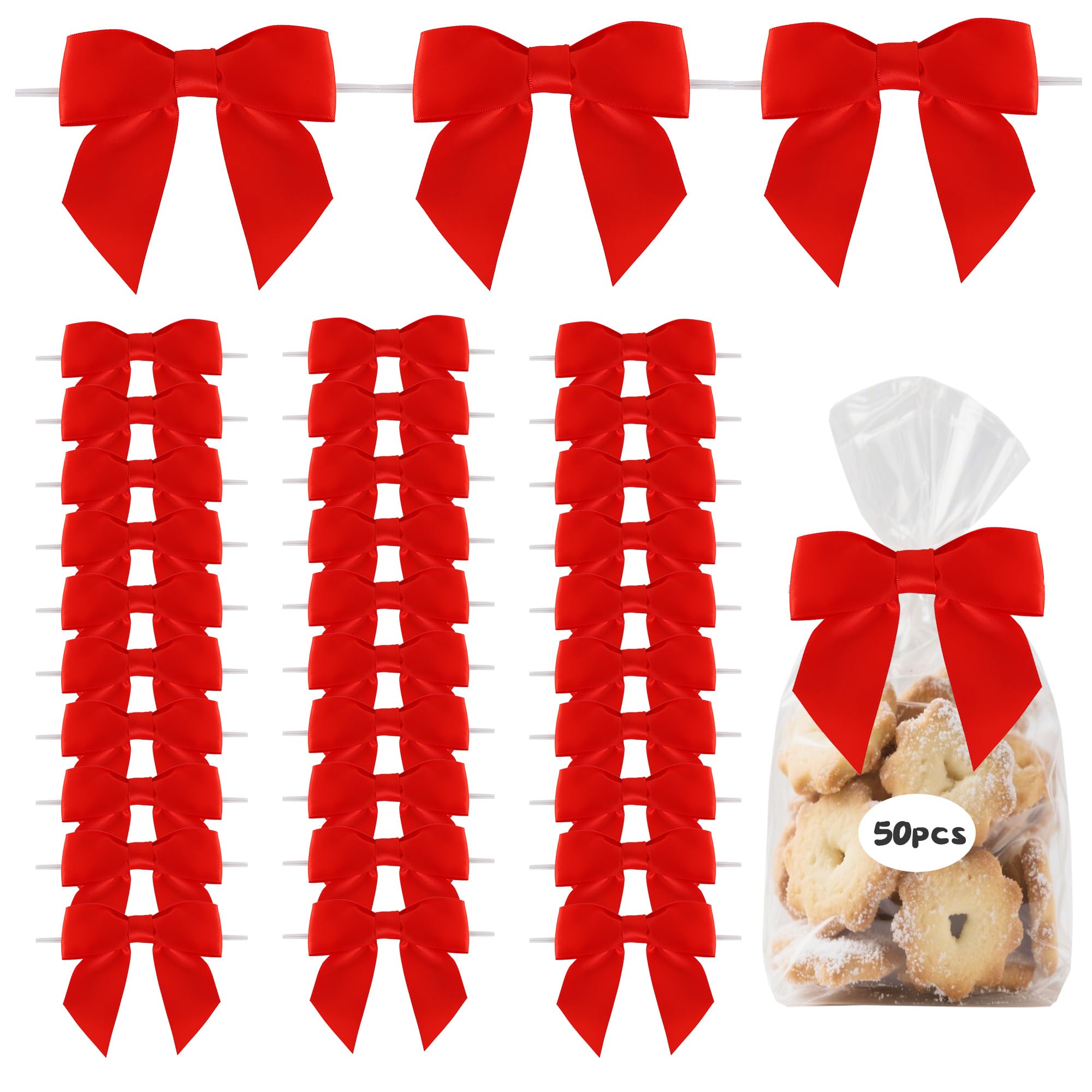 TONIFUL 50pcs Red Satin Ribbon Bows with Twist Tie, 4.5 Inch Bows for Valentine Gift Wrapping, Treat Bags, Crafts, Bottles, Christmas Tree, Wedding, Baby Shower, Birthday Party Decorations — image 1