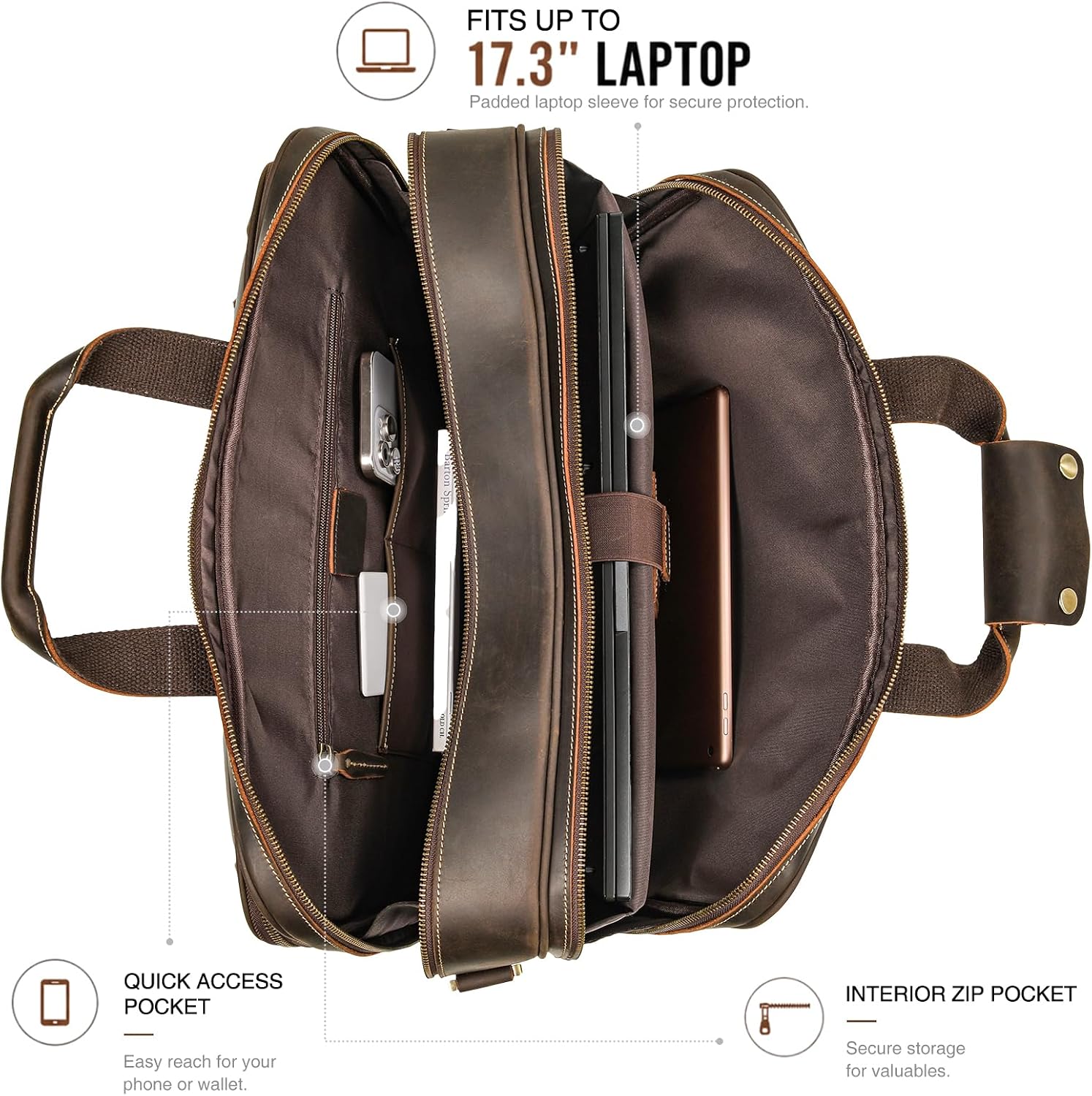 Polare 18" Full Grain Leather Briefcase For Men Business Travel Laptop Carrying Case Fits 17.3” Laptop
