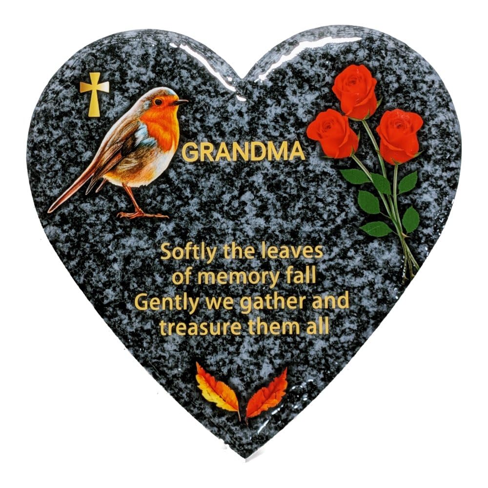 In Memoriam Heart Shaped Tile Grave Plaque (20 x 20 cm Granite finish) (Grandma, Heart 20 cm (Granite))