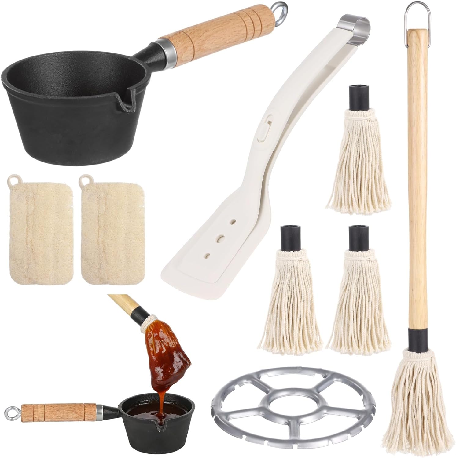 Bbq Sauce Pot Set For Grilling: Cast Iron Pot, 4.3 In Melting Pot W/Rack, Basting Mop, 3 Refills And Loofah Sponges; Perfect For Smoker, Grill, And Stove