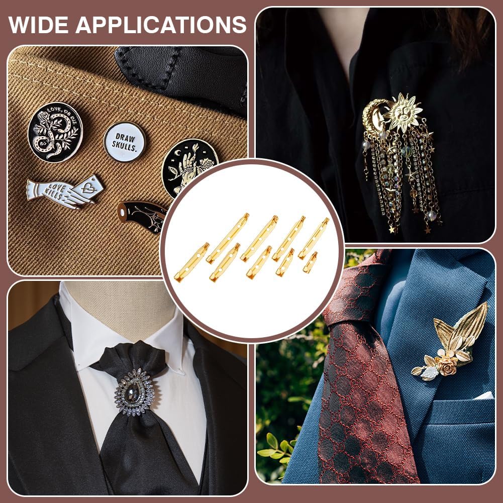 PH PandaHall 90pcs Brooch Pin Backs 9 Sizes Golden Bar Pins Badge Pinback Brooch Backings Jewelry Locking Pins Secure Back Clasp with Hole for Jewelry Making Crafts Name Tags Corsage, 15.5-45.5mm