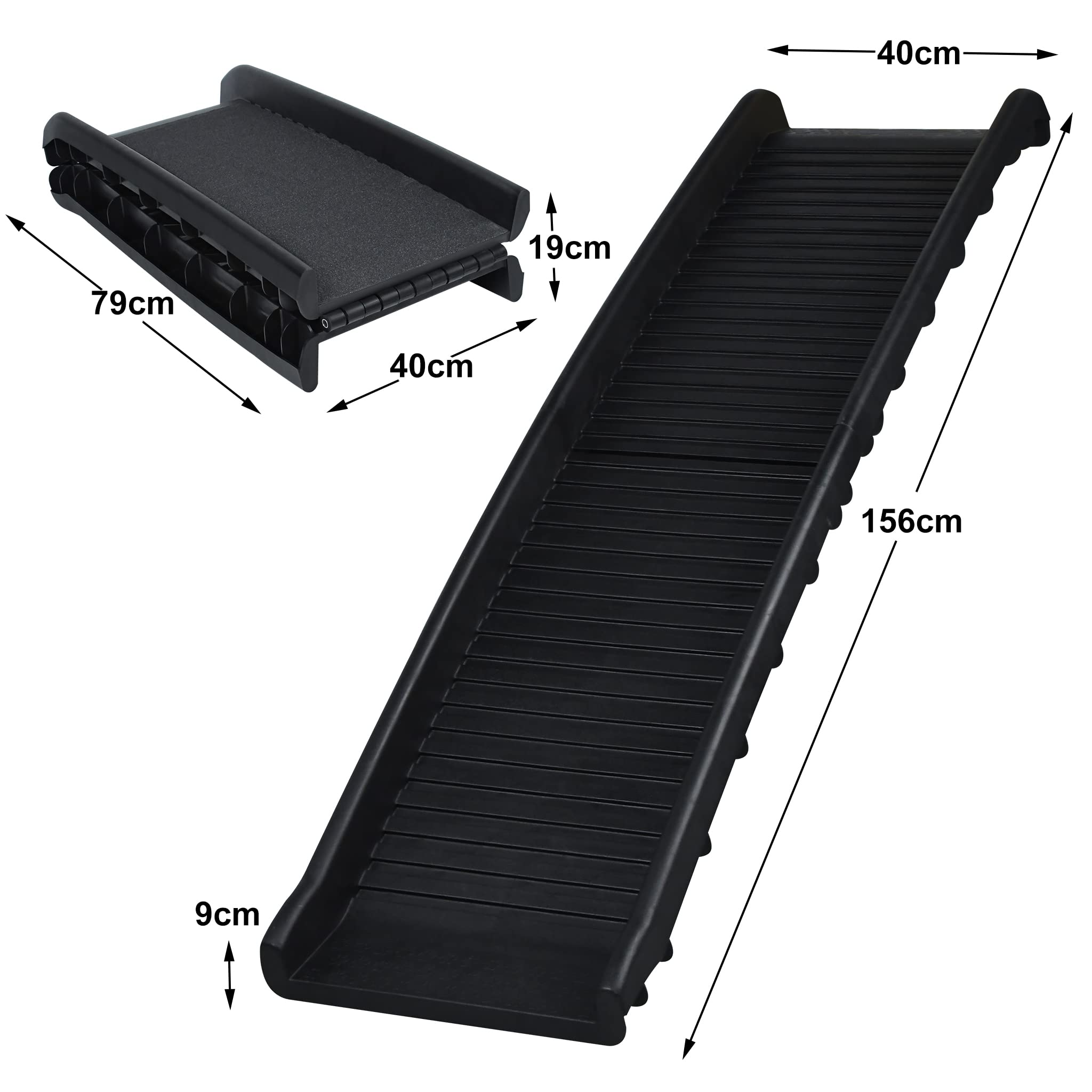 XMTECH Składana rampa dla psów z tworzywa sztucznego – antypoślizgowa rampa dla psów do samochodu i łóżka, 156 x 40 cm, składana i przenośna, do 90 kg