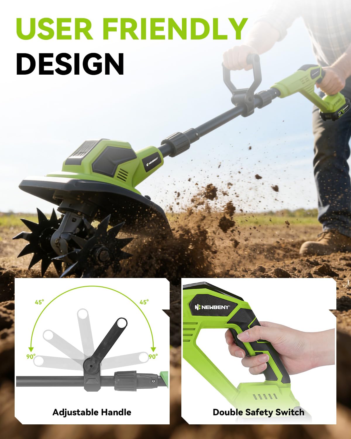 Timón inalámbrico con 2 baterías de 2.0 Ah, rotavator de jardín con 4 juegos de cuchillas de acero, 23 cm de ancho y 17 cm de profundidad, cultivadores para deshierbar, cultivo de suelo y