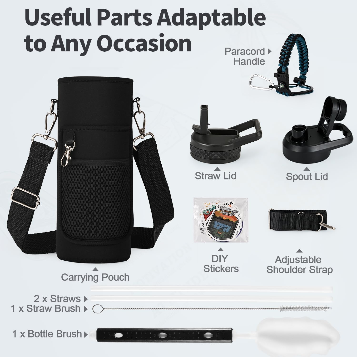 40 oz Insulated Water Bottle with Straw (Cold for 48 Hrs), Stainless Steel Triple Wall Vacuum Sports Water Jug, Leakproof Hydro Cup Flask with Paracord Handle & Straw Spout Lids & DIY Stickers - Image 7