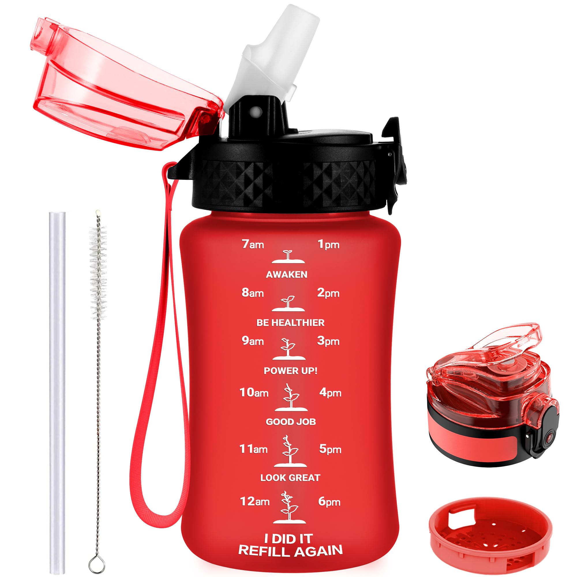 GOPPUS 350ml/12oz Kids Water Bottle With Straw Tritan Drinks Bottle with Strap Small Toddler Juice Bottles with Flip Top Lid Leakproof Children's Cup with Time Marking BPA free Girl Boy (Pure Red) — image 1
