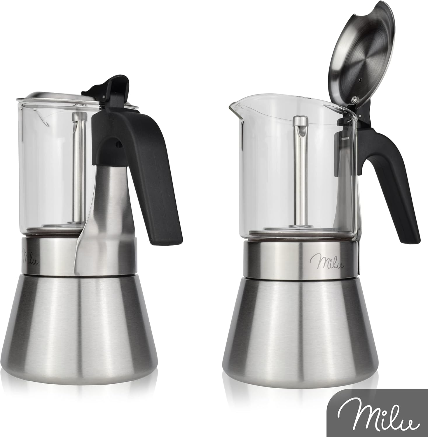 Milu Espresso Maker Suitable for Induction Cookers, 4, 6 Cups, Stainless Steel Glass Mocha Pot, Espresso Pot, Espresso Maker Set Including Coaster, Spoon, Brush (4 Cups 200 ml)