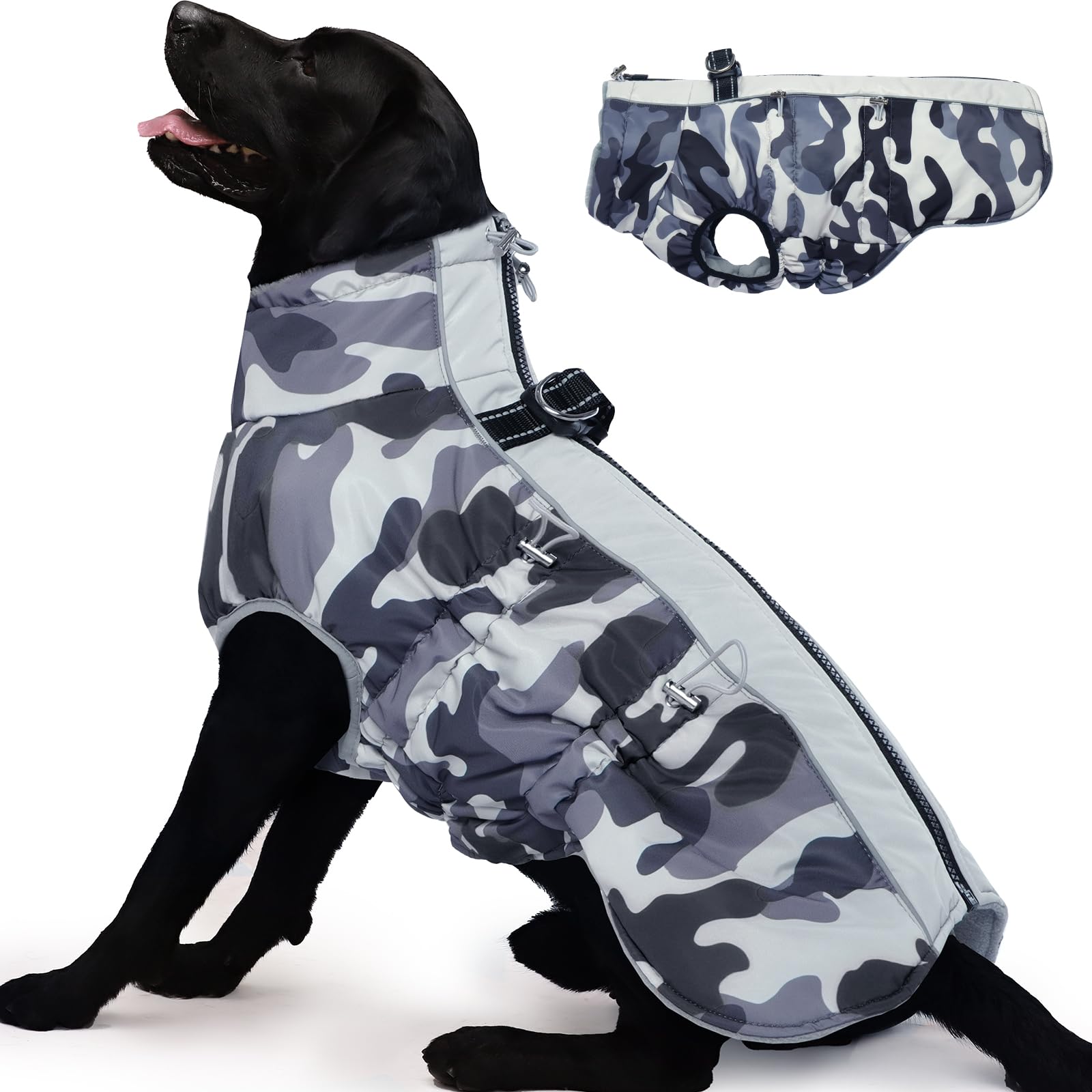 Fleece Hundemantel Grosse Hunde, Winddicht Hundejacke mit Reißverschluss Hinten und Rollkragen, Perfekt für Kalte Wintertage, Hundemantel Labrador, Dobermann, Grau, 2XL