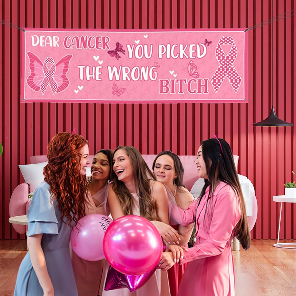 Photo 1 of 3 PACK Funny Breast Cancer Awareness Backdrop 24 X 71 Inch Pink Ribbon Banner Party Decorations Outdoor Yard Hanging Sign Breast Cancer Gifts For Women One Size Breast Cancer Funny