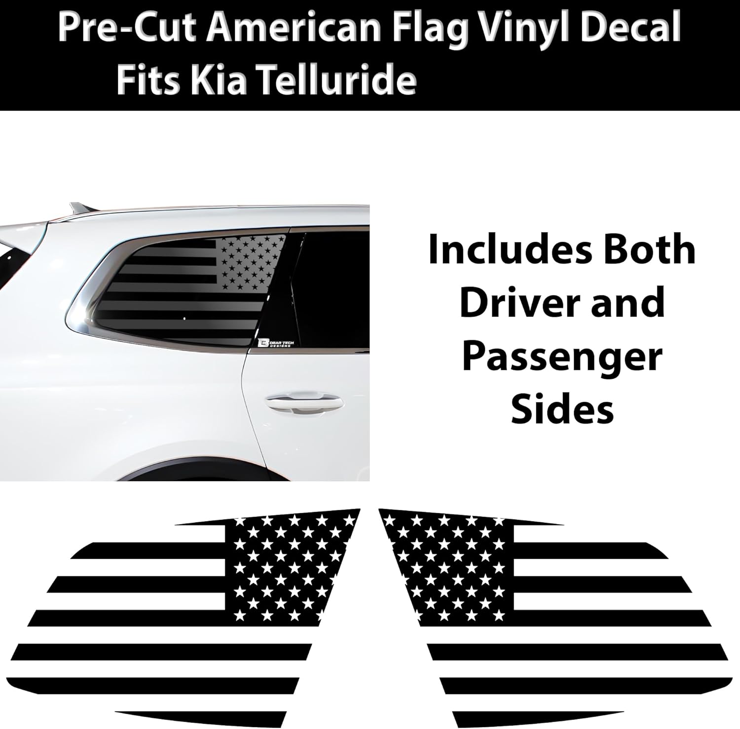 BOGAR TECH DESIGNS Precut Quarter Window American Flag Vinyl Decal Sticker Compatible with Kia Telluride 2020-2025, Matte Black