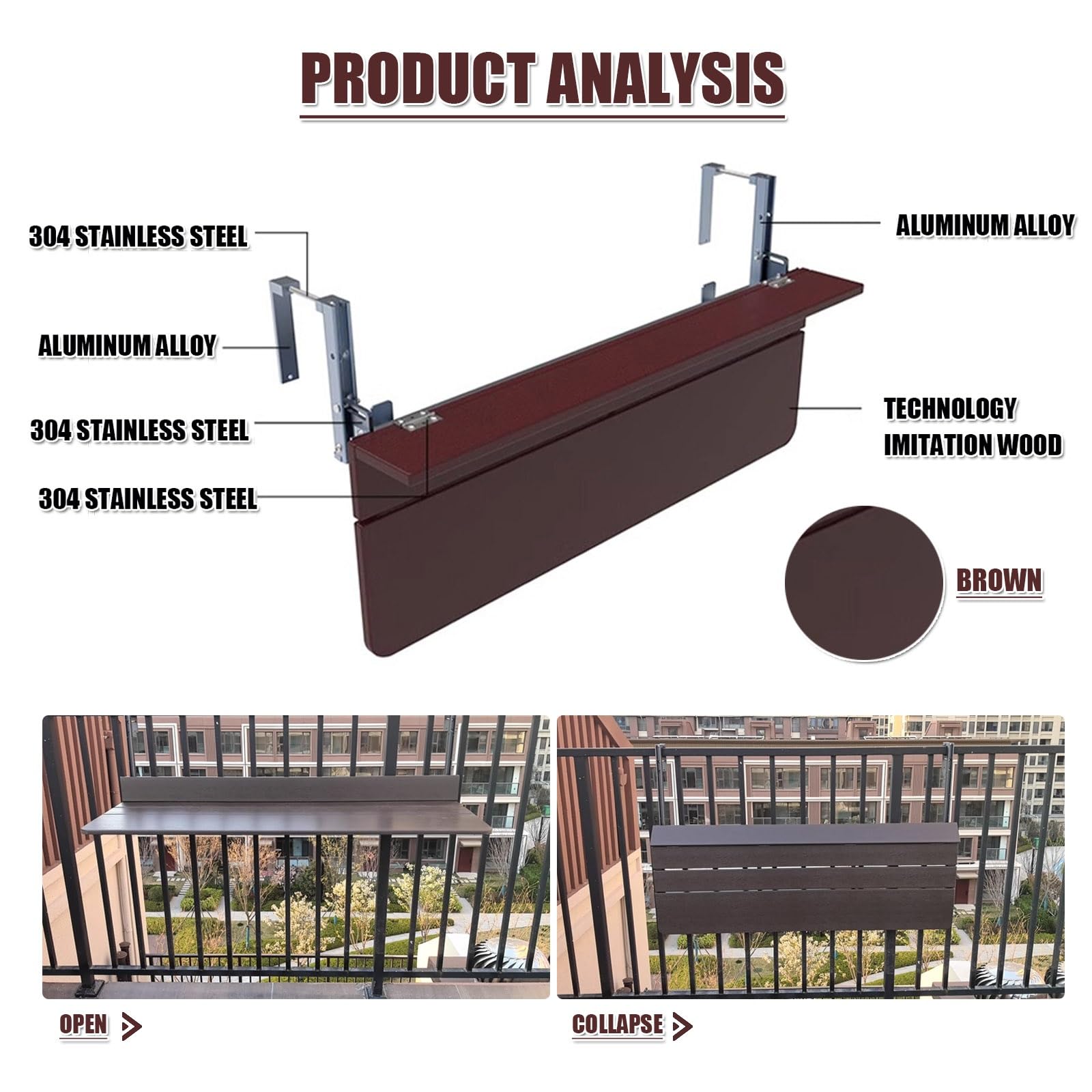 Mesa de bar plegable para balcón para barandillas, mesa de servicio para exteriores e interiores, banco de trabajo compacto para patio, terraza y balcón (31.5 pulgadas de largo x 14.6 pulgadas de