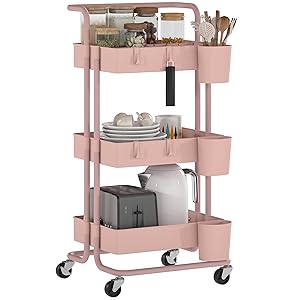 HOMCOM Carrito Auxiliar con Ruedas de 3 Niveles Carrito de Cocina con Mango 3 Cestas de Malla y 3 Cajas Colgantes Carro de Almacenamiento para Baño Salón 42x38x86,5 cm Rosa