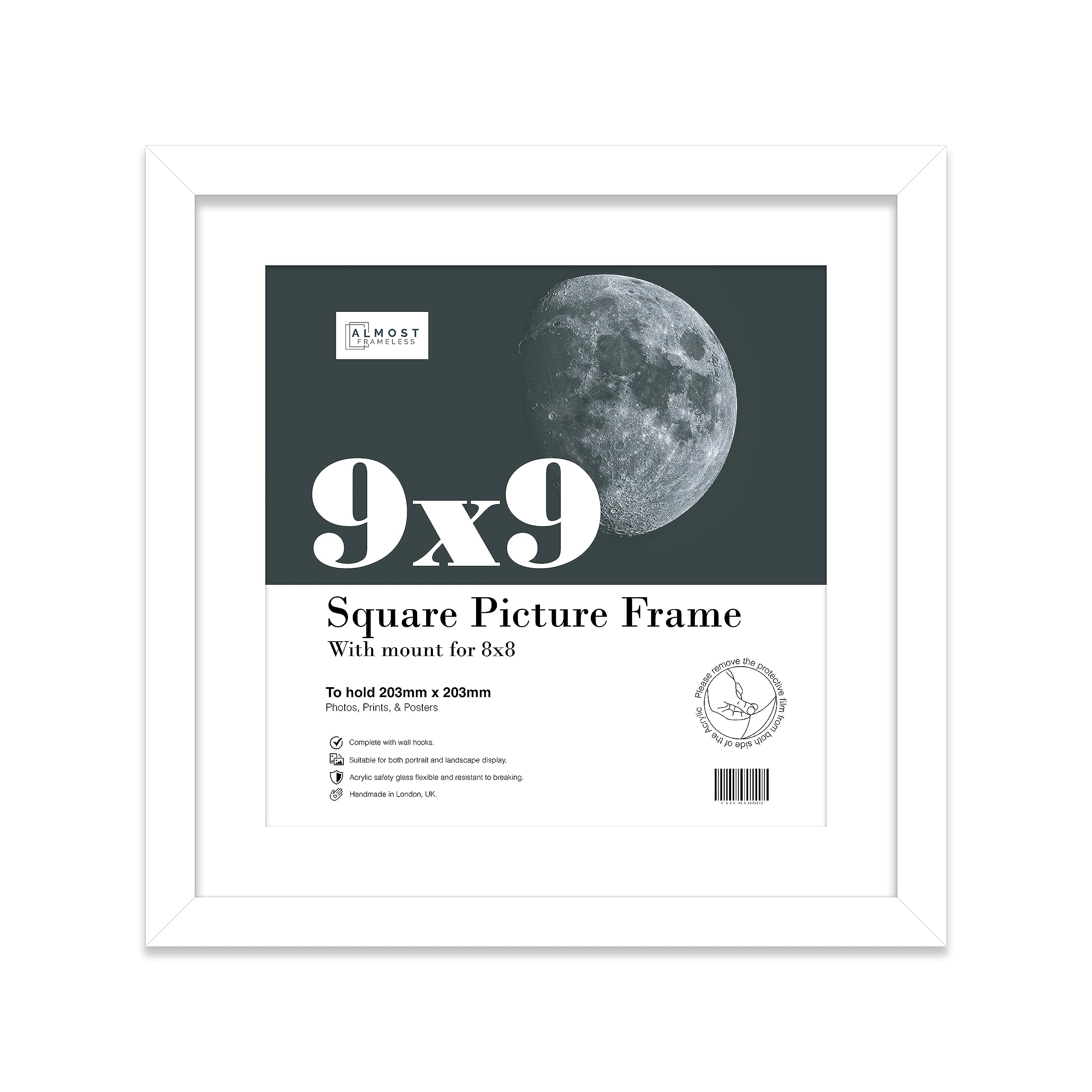 Almost Frameless 9x9 Picture Frame, Display Pictures 8x8 With Mat or 9x9 Without Mat, Wall Hanging & Free Standing Photo Frame, White, 1 Pack