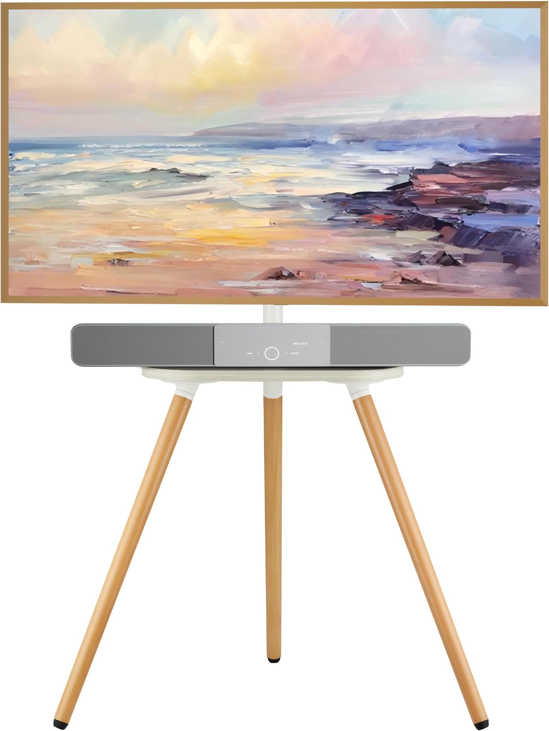Tripod Easel TV Stand for 43 to 65 Inch LCD Led Screen, Height Adjustable and Swievel TV Stand, Portable TV Floor Stand with Wooden Tray for Bedroom, Living Room, Studio, White