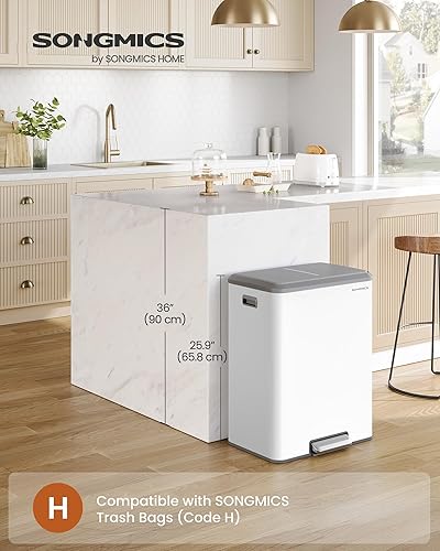 Miniatura 8 de SONGMICS 2 cubos de basura de doble compartimento de 8 galones, cubo de reciclaje de pedal de 60 L, acero inoxidable, 15 bolsas de basura incluidas,