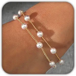 Pearl Bracelets for Women, Dainty Gold Bracelet Silver Prom Pearl Jewelry for Wedding, Trendy Daisy Bracelet Heart Bracelet as Simple Bridesmaid Gifts Floral Jewelry Brazaletes Para Mujer