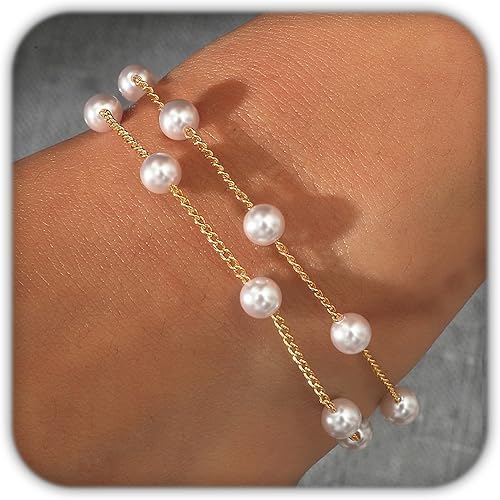 Pearl Bracelets for Women, Dainty Gold Bracelet Silver Prom Pearl Jewelry for Wedding, Trendy Daisy Bracelet Heart Bracelet as Simple Bridesmaid Gifts Floral Jewelry Brazaletes Para Mujer