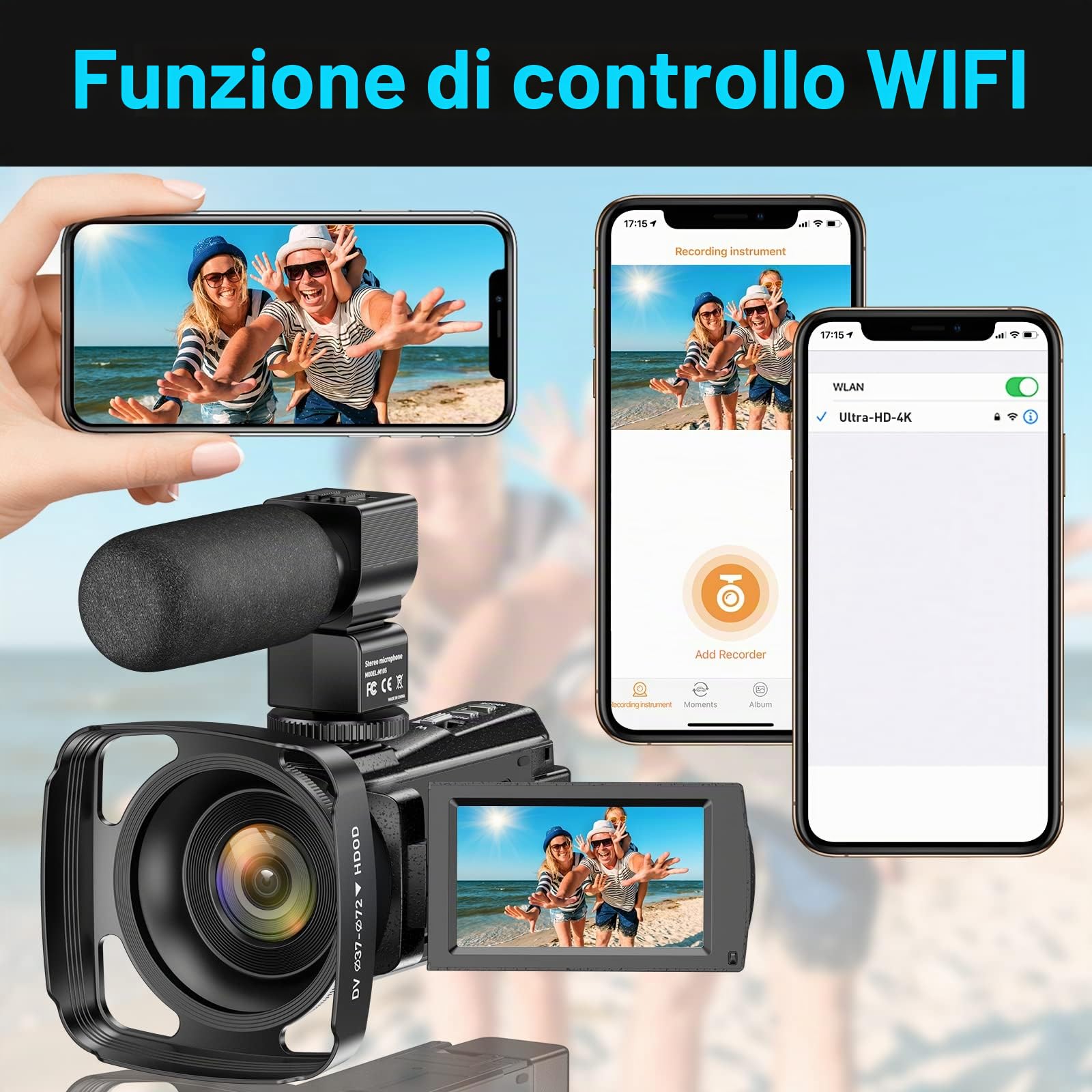 Videocamera 4K UHD 48MP 60FPS Wi-Fi IR Visione Notturna 16X Zoom Digitale Registratore 3.0 "IPS Touch Screen Videocamera Vlog per YouTube con Microfono,Stabilizzatore,Paraluce,Telecomando, 2 Batterie