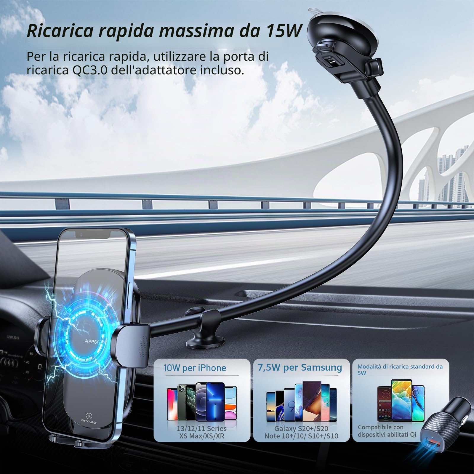 APPS2Car Caricatore Wireless Auto, Supporto Cellulare Auto Wireless Ricarica per Ventosa Parabrezza Presa D'aria, Porta Cellulare Auto per 12/1314/Pro Max/Mini Samsung LG e Altri
