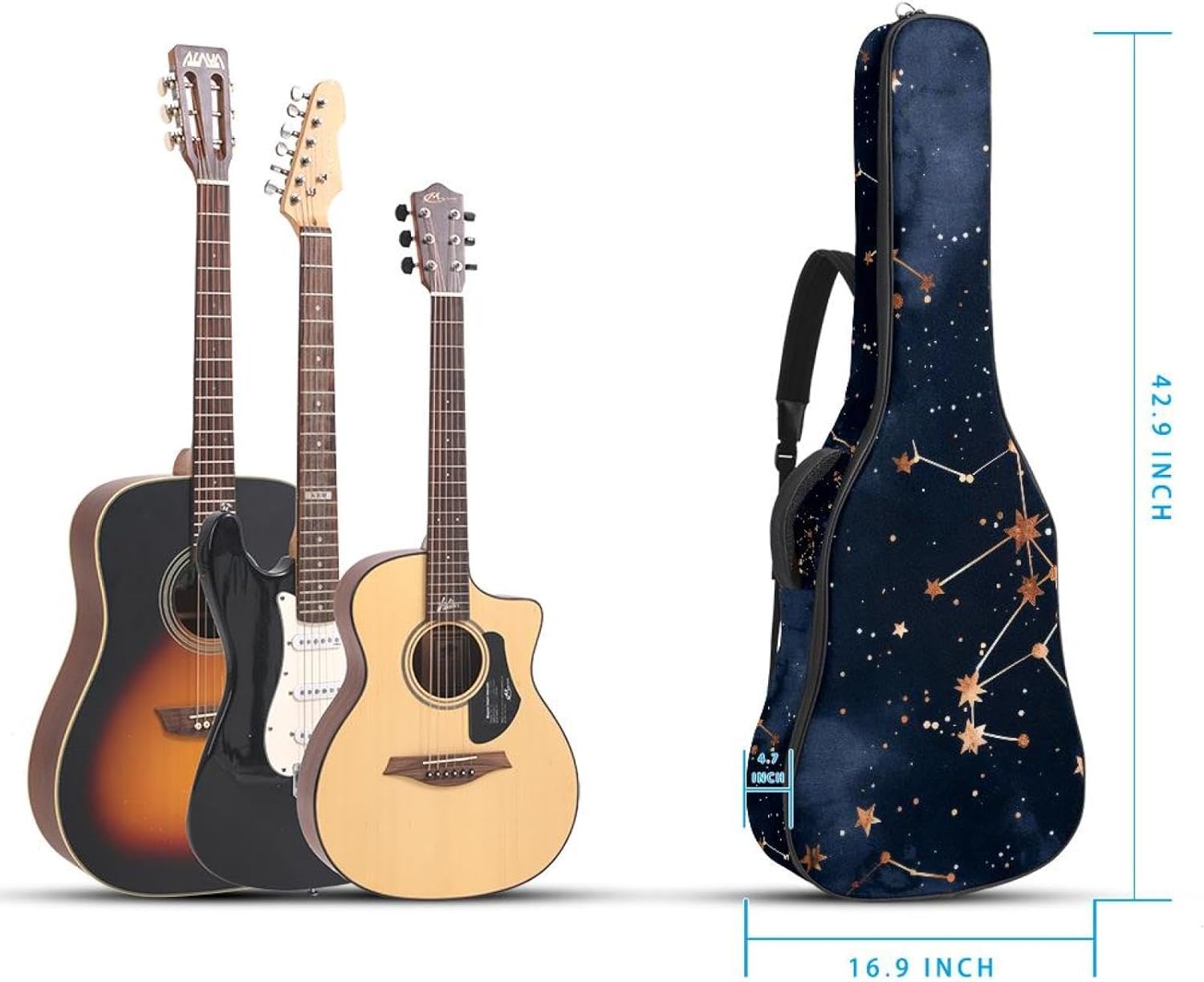 40 41 42 Inch Acoustic Guitar Bag, 0.4 In Thick Sponge Padded Guitar Case Gig Bag with Back Hanger Loop and 2 Pockets, Galaxy Space Constellations Seamless Pattern