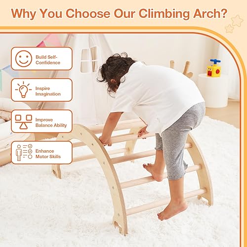 Miniatura 3 de Hakiuish Arco de escalera de madera para escalada, escalera de escalada 3 en 1 y tabla mecedora, escalador triangular para parque infantil, gimnasio