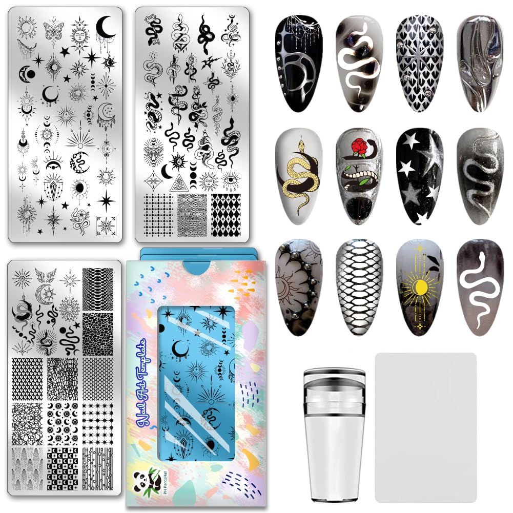 PH PandaHall 3pcs Sun Moon Star Nail Stamping Plates Snakes Nail Image Plates Night Sky Manicure Art Templates Geometric Texture Nails Art Stencils for Women Manicures Salon DIY Design Printing