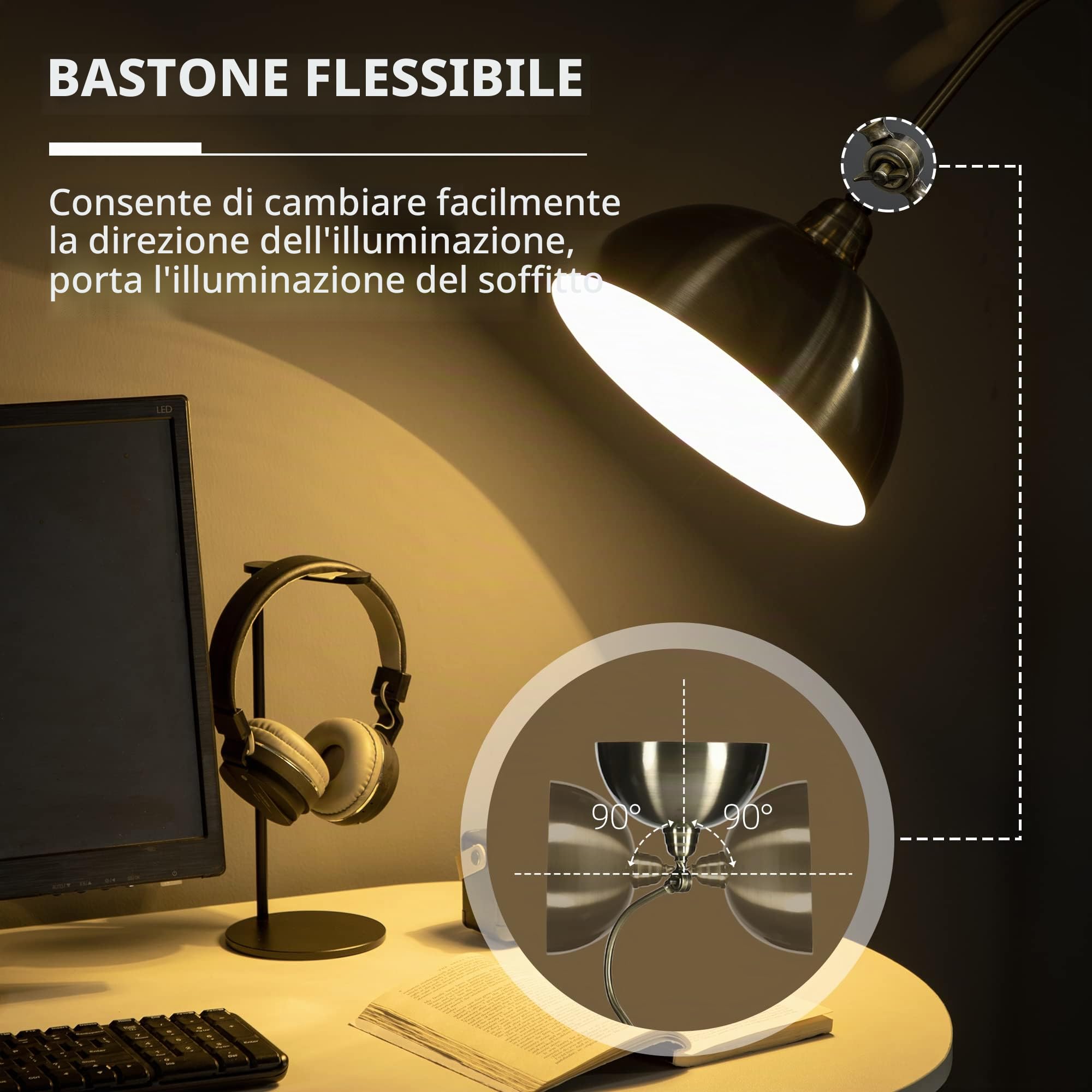 HOMCOM Lampada da terra paralume regolabile 40W attacco E27 Bronzo | Lampada a terra, lampada ad arco, design retrò, per soggiorno, camera da letto, lampadina non inclusa.