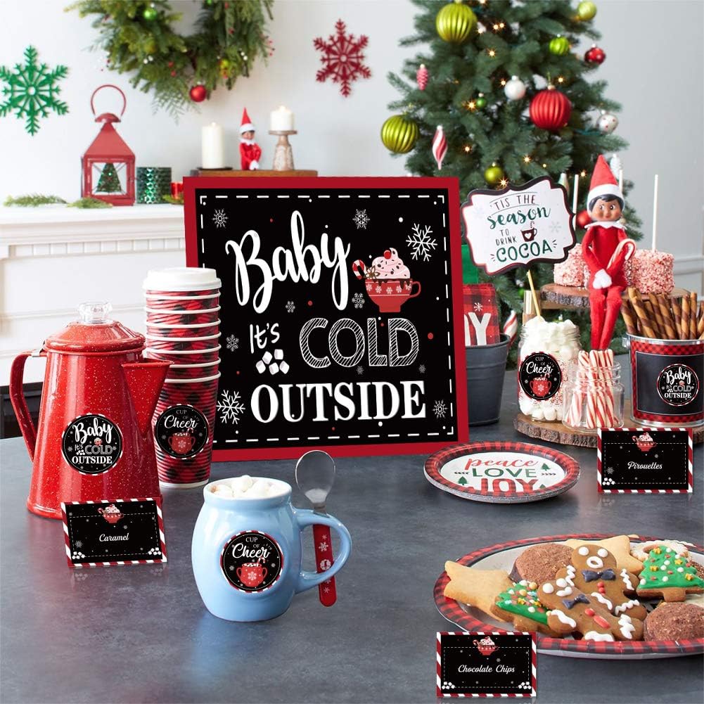 Hot Cocoa Bar Kit Hot Cocoa Bar Banner Hot Chocolate Bar Sign Toppings Labels Tent Cards Cup Tags Stickers Party Supplies for Winter Birthday New Year Christmas Party Baby Its Cold Outside Decorations