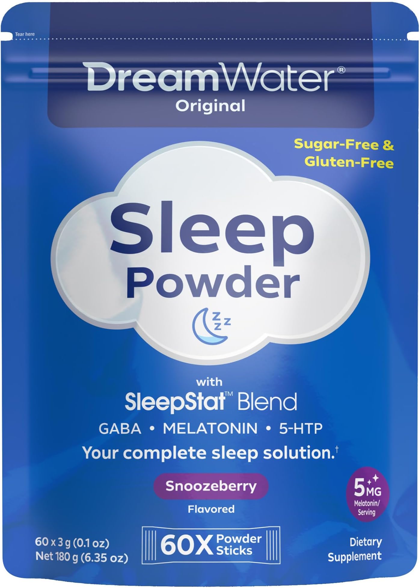 Sleep Powder, Sugar-Free, Gluten-Free, Natural Flavors; Blend of 3 Ingredients, GABA, 5mg Melatonin, 5-HPT; Snoozeberry Flavor 60ct