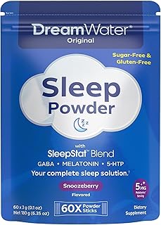 Dream Water Sleep Powder - Sugar-Free, Gluten-Free, Natural Flavors; Blend of 3 Ingredients, GABA, 5mg Melatonin, 5-HPT; Snoozeberry, 60-Count