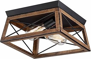 2-Bulb Farmhouse Industrial Flush Mount Ceiling Light Barnwood Square Ceiling Light Fixture for Bedroom Entryway Hallway Porch Outdoor Cage Lamp Faux Wood, E26