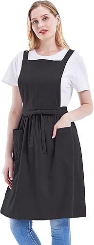Miniatura 3 de Nanxson Delantal de lino de algodón con espalda cruzada para mujeres con bolsillos para cocinar, jardinería, hornear paiting CF3046