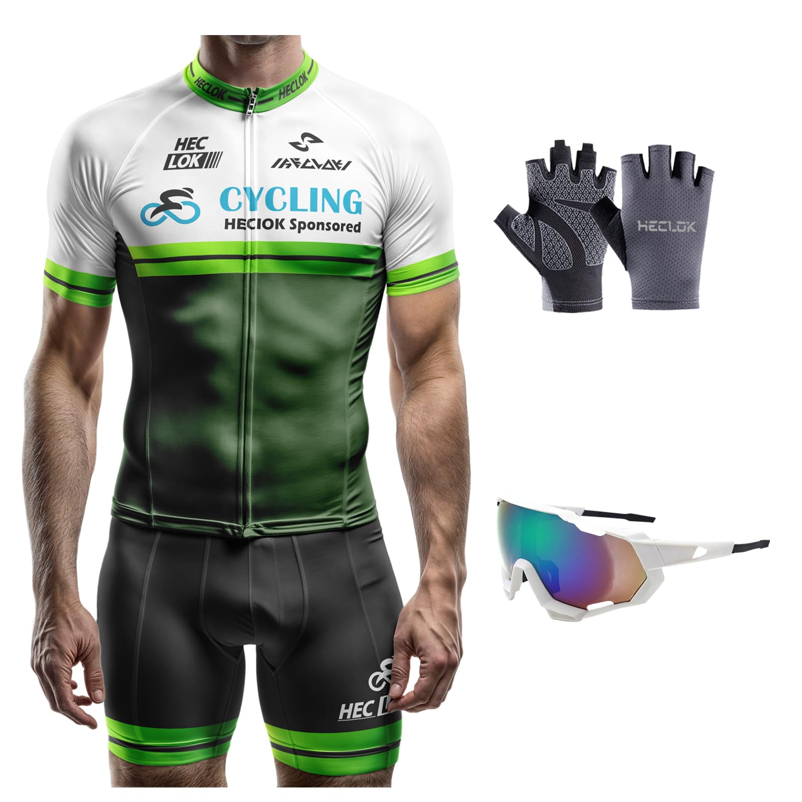 Conjunto Ciclismo Hombre - Camiseta Manga Corta + Culotte con Badana - Ropa Bicicleta Carretera y MTB - Tejido Transpirable y Antisudor - Guantes gafas - 4 Piezas para Verano