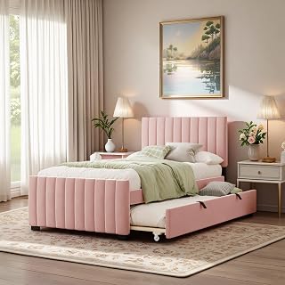 Twin Size Upholstered Platform Bed with Pull Out Trundle,Wooden Bedframe W/Striped Headboard,Cute Design,No Box Spring Required,Modern Bedroom Furniture for Boys Girls Teens,Pink Velvet
