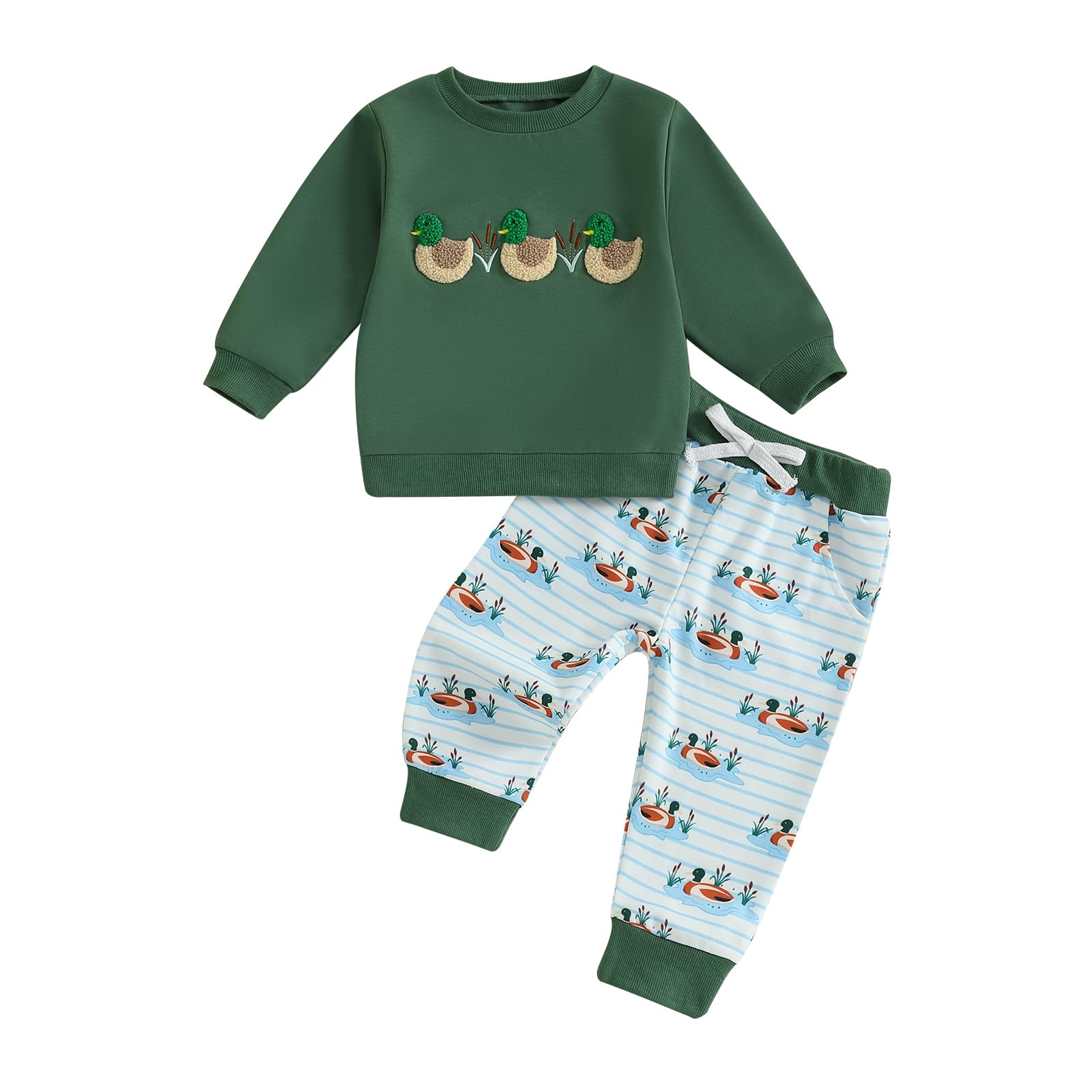 GINEVSAL Toddler Boy Hunting Clothes Long Sleeve Mallard Duck Embroidery Sweatshirt Sweatpants Infant Fall Outfit (Green, 18-24 Months)