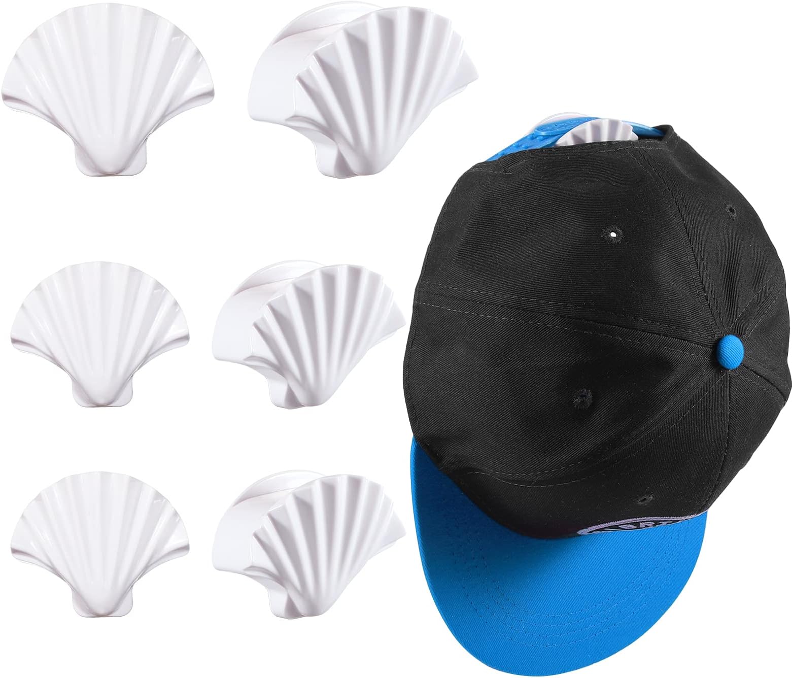 LUNCY Adhesive Hat Rack for Baseball Caps, Minimalist Shell-Shaped Hat Hooks Design, Hat Rack Organizer, No Drilling, Strong Hold Hat Hangers, Stick On, 6-Pack