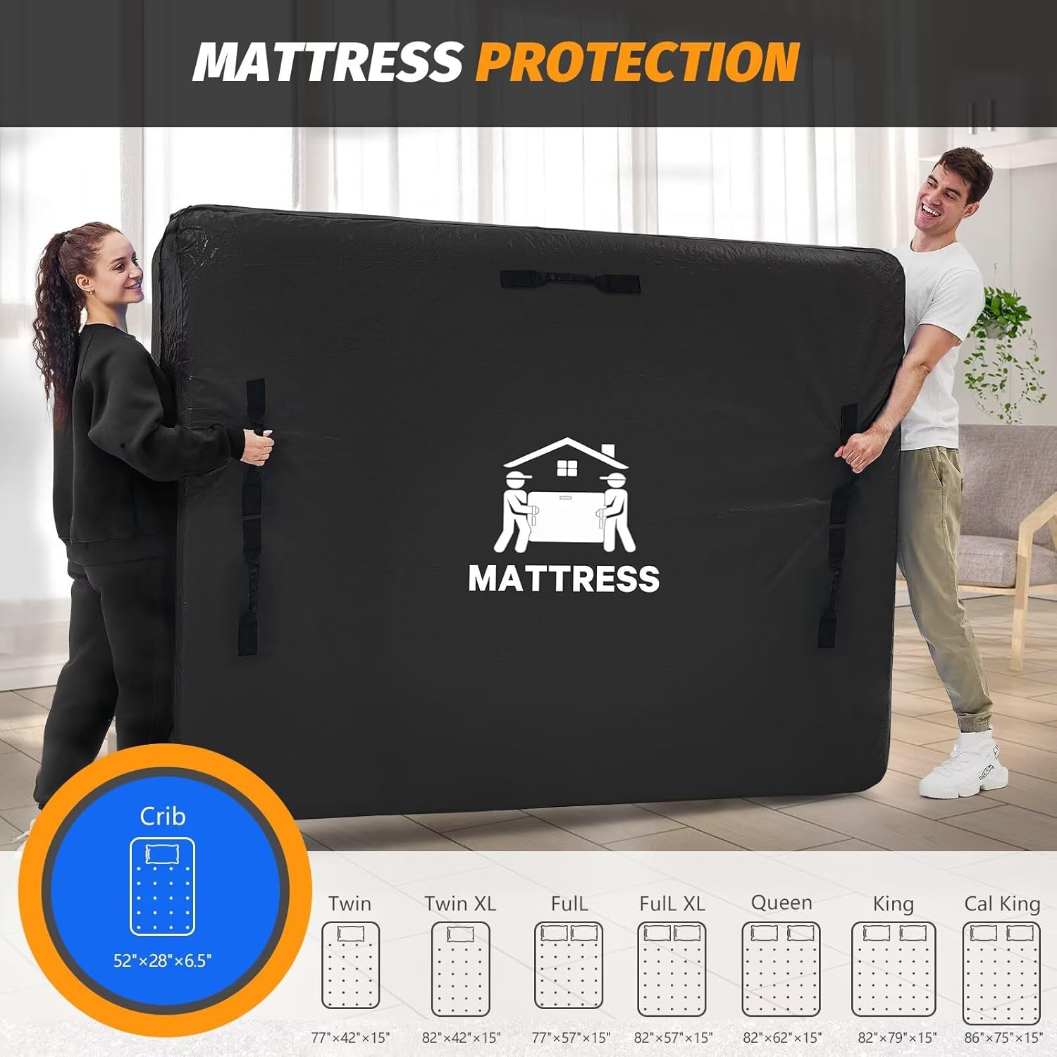Mattress Bags for Moving, BETU Mattress Protector Waterproof Mattress Cover Crib Size Storage Bags with 8 Heavy-Duty Handles and Zipper for Bed Extra Thick Large Reusable (52"x28"x6.5",Black)