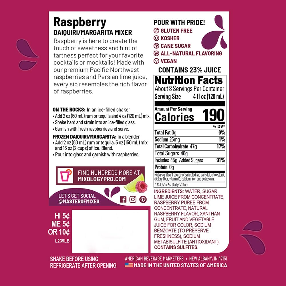 Master of Mixes Raspberry Daiquiri & Margarita Drink Mix, Ready To Use, 1 Liter Bottle (33.8 Fl Oz), Pack of 3
