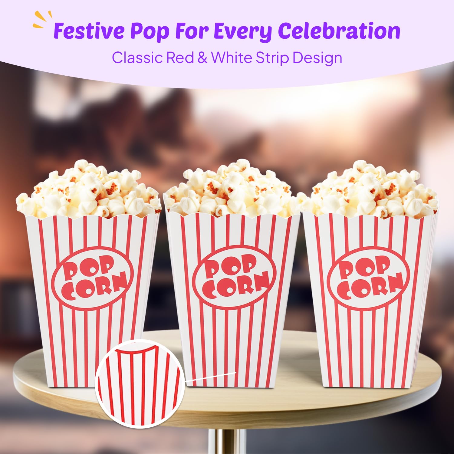 20 Boîtes Popcorn Papier Rayé Rouge & Blanc Dokeno - 7x5x11.5cm - Réutilisables Fête Anniversaire Cinéma