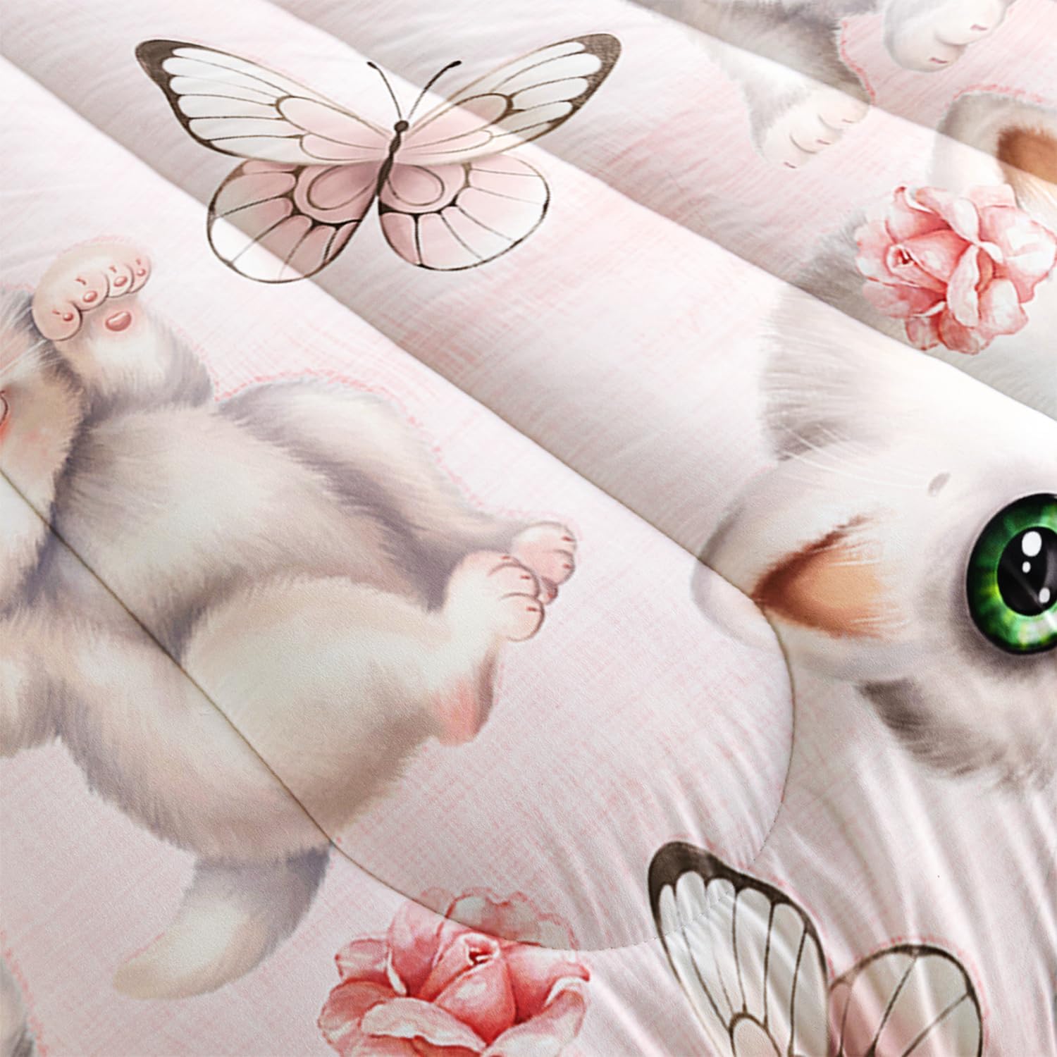 Kids Bedding Twin Cartoon Cat Comforter 3 Pieces Pink White Cat Butterflies Comforter Set for Teens Kids Boys Girls Adults Kawaii Flower Quilt with 1 Comforter and 2 Pillowcases