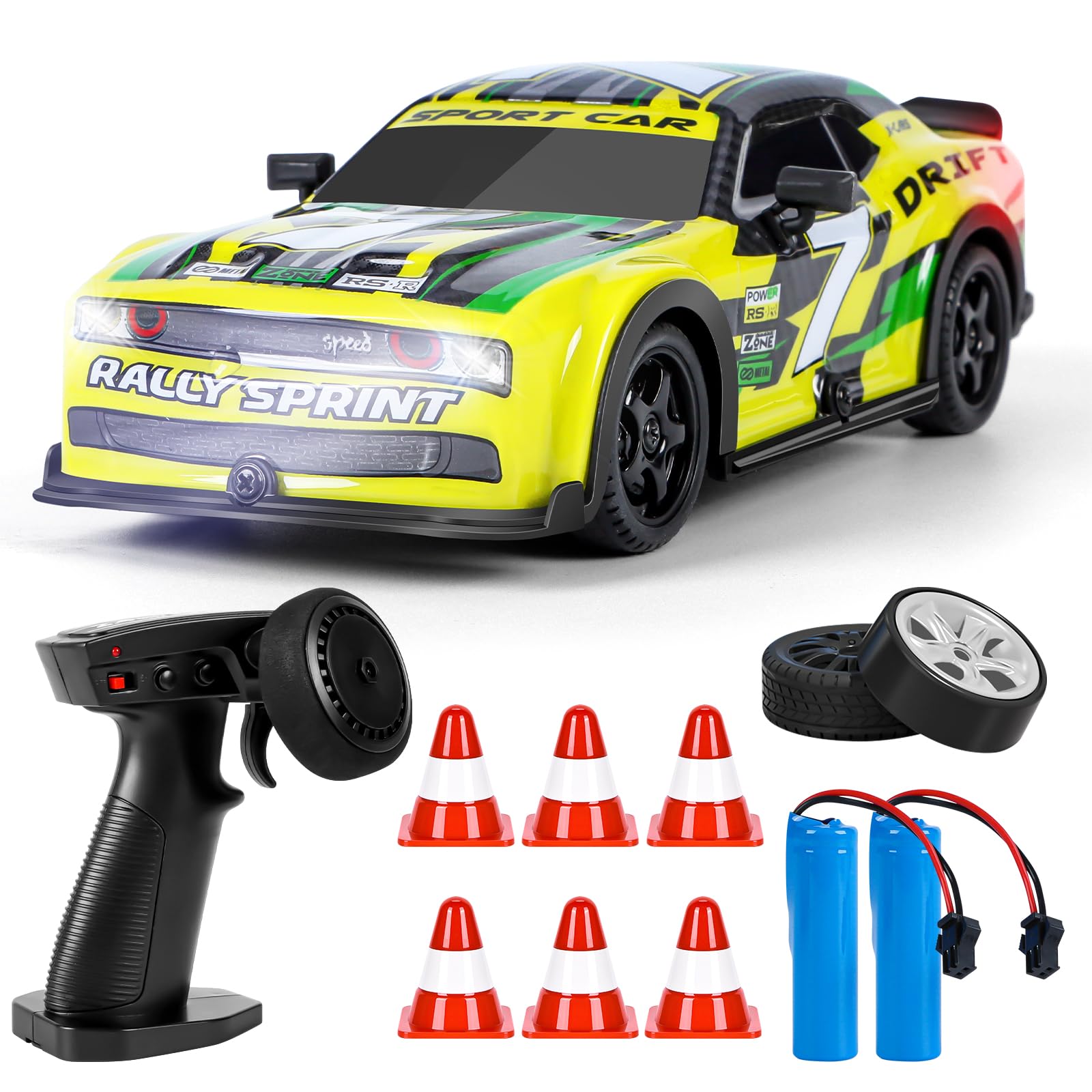 BuzzoXerex Coche Teledirigido Drift, 1:22 Mini Drift RC Car, 4WD 15km/h Coche RC Gasolina, Coche Teledirigido con Kit Barricada y Luces LED, Coche de Juguete para Niños Mayores de 8 Años (Amarillo)