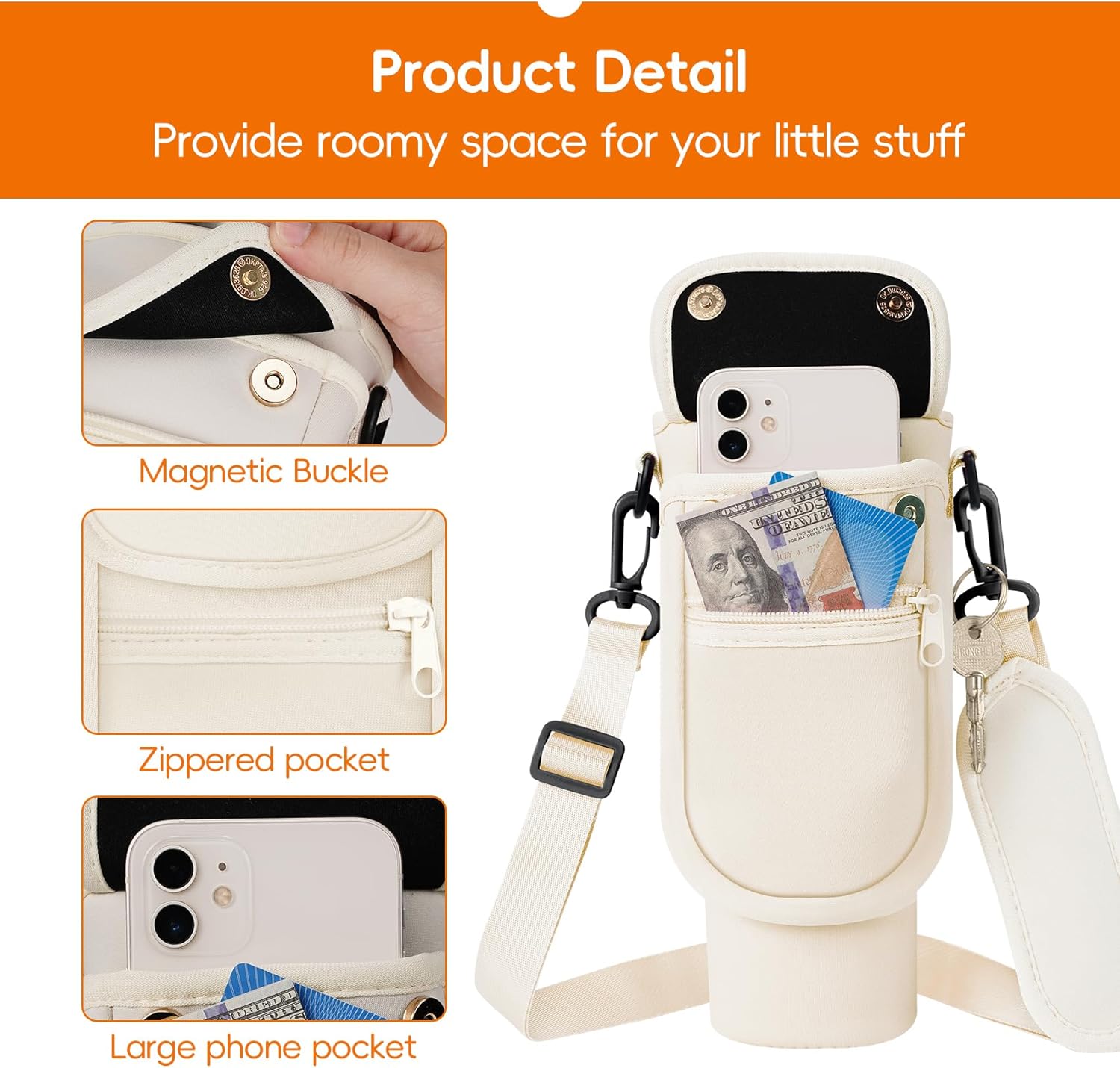 Water Bottle Carrier Bag with Phone Pocket for Stanley 40/30 oz Tumbler Neoprene Insulated Mug Sleeve Pouch with 2 Pockets & Adjustable Strap & Straw Cover for Stanley Cup Accessories - Image 6