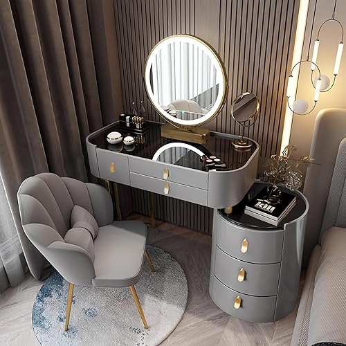 Dressing Table Set with Mirror and Chair, High Gloss Tempered Top, 6 Drawers and Side Cabinet – Luxury Makeup Vanity for Bedroom, PU Leather Texture,Gray 31.5in - Gray 31.5in