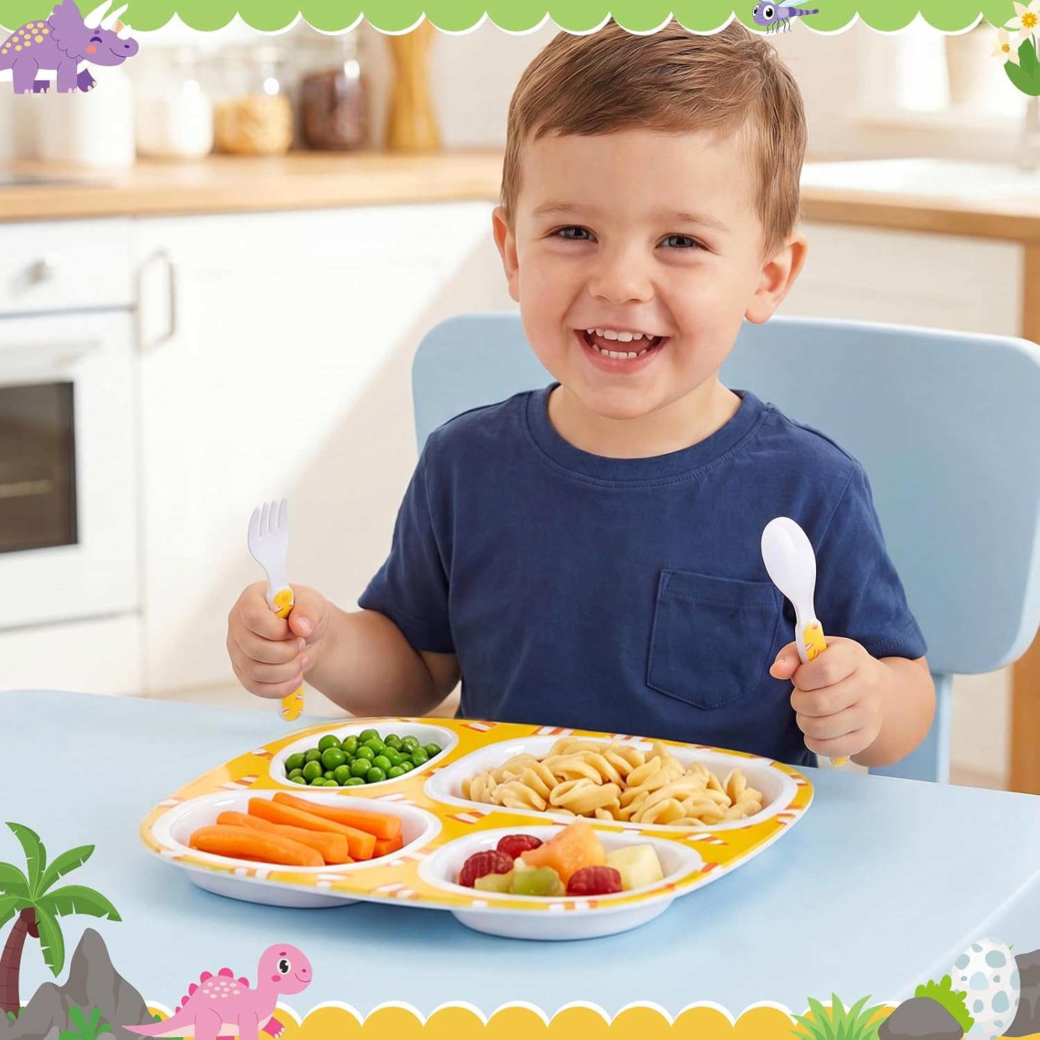 Jinei 4 Set Melamine Dinner Plate for Kids Dinnerware Dishes Set with Fork and Spoon Firefighter Dinosaur Construction Sea Animal Divided Melamine Plates for Boys Toddlers BPA Free Dishwasher Safe