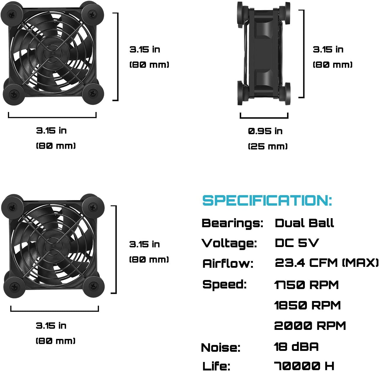 upHere U804 USB Fan 80mm Silent Fan with 3 Adjustable Wind speeds Compatible with computer/PS4/TV Box/AV Cabinet : Electronics